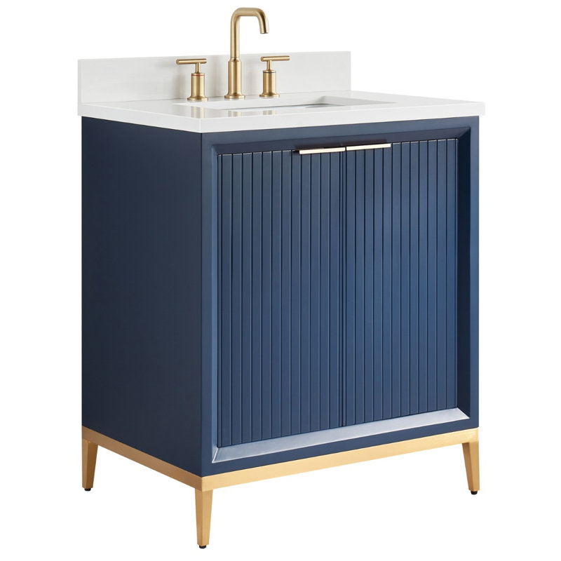 Meuble-lavabo simple 30 po avec plateau en quartz blanc Traverse, Bleu marine