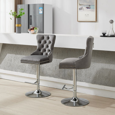 Tabourets de bar pivotants en velours épais chromés, hauteur réglable de 25 à 33 po, rembourrage moderne avec base de 17,7 po, boutons capitonnés et siège à ressorts, éponge et siège à ressorts, pour ensemble bistro et îlot de cuisine