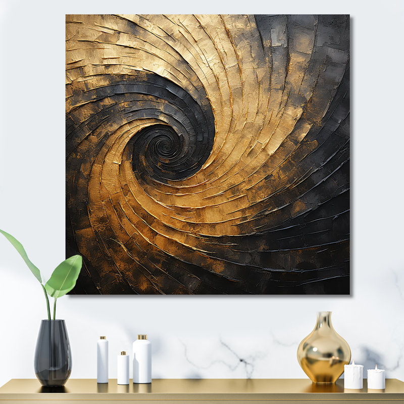 Art sur toile, spirales abstraites dorées et noires, H 30 po x l 30 po x P 1 po, Toile tendue