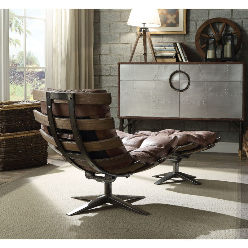Demartini Upholstered Swivel Accent Chair with Ottoman, Retro Brown Genuine Leather