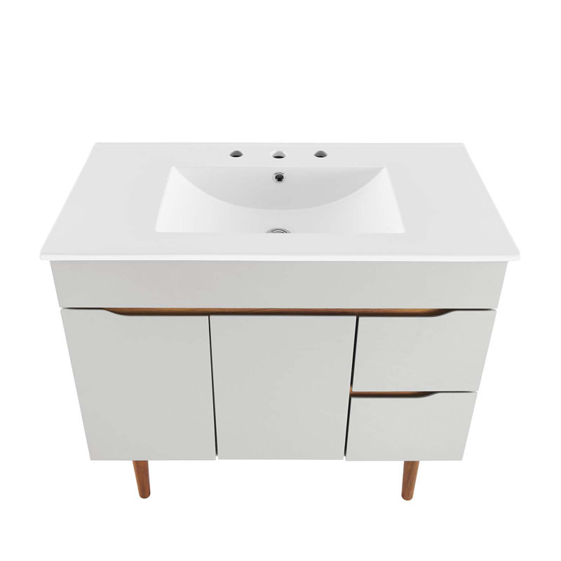 Gray White Mahogany Wood 36" Mid-Century Modern Bathroom Vanity