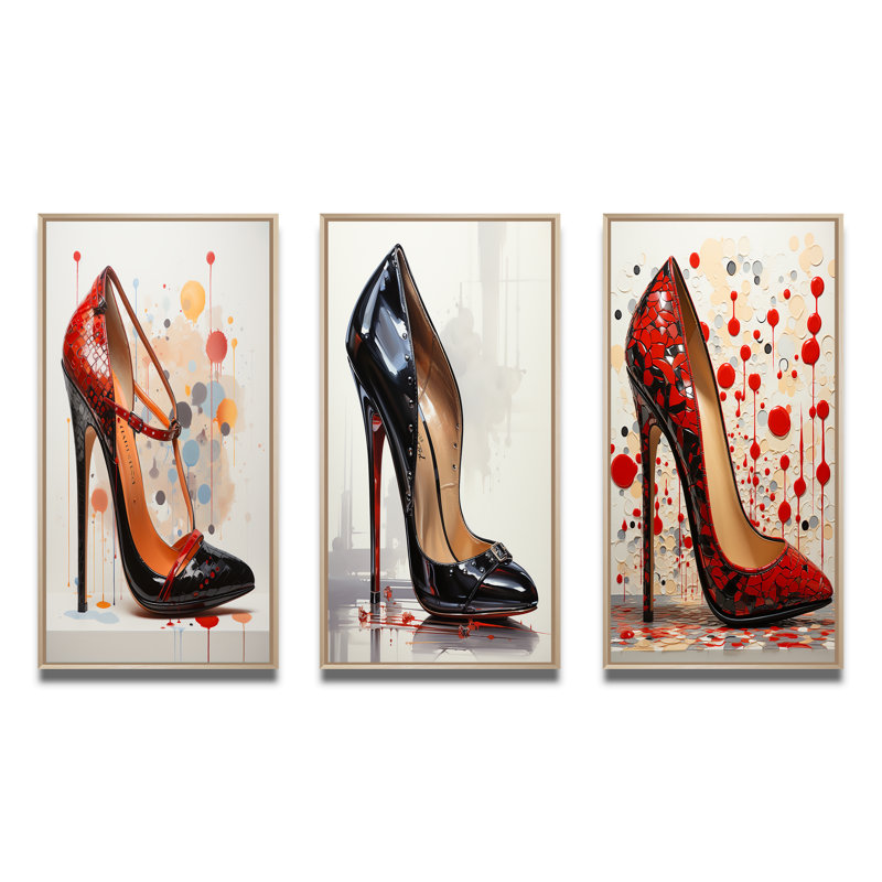 «Black And Red High Heels Symphony V», 3 pièces sur toile, Encadré naturel, H 40 po x l 60 po
