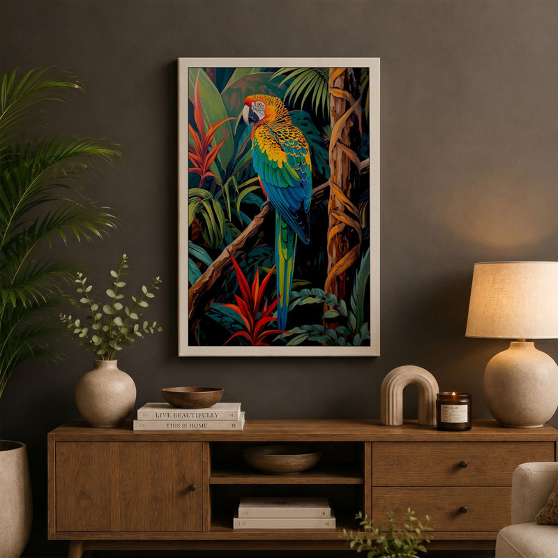 Macaw in Paradise Tropical - Wrapped Canvas, 24x16 - 61.0 x 40.6 cm, Teal Border