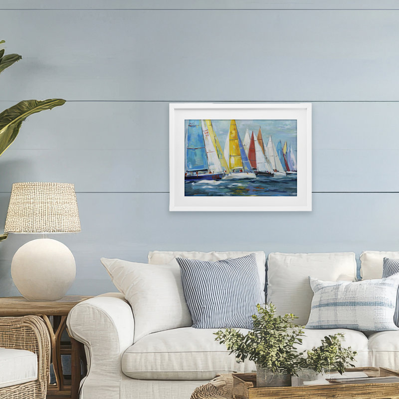 Colourful Sails Coastal Scene Framed Print Under Glass, design by Lorenzo Collective, 17" H x 23" W, Coastal White Frame