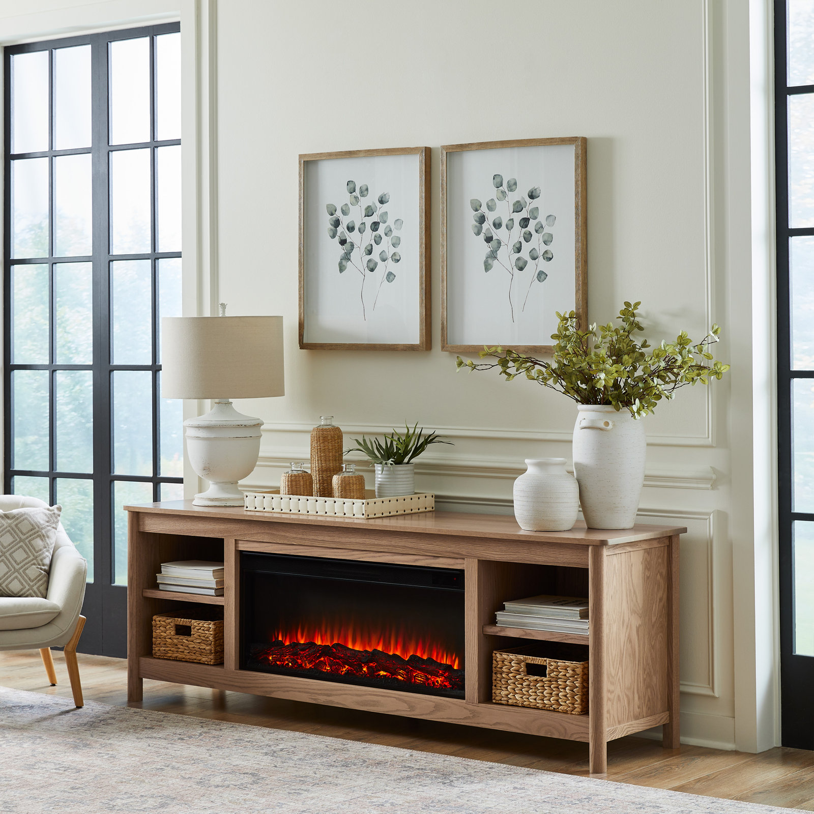 Bridgeway 81" Electric Fireplace TV Stand, Light Oak
