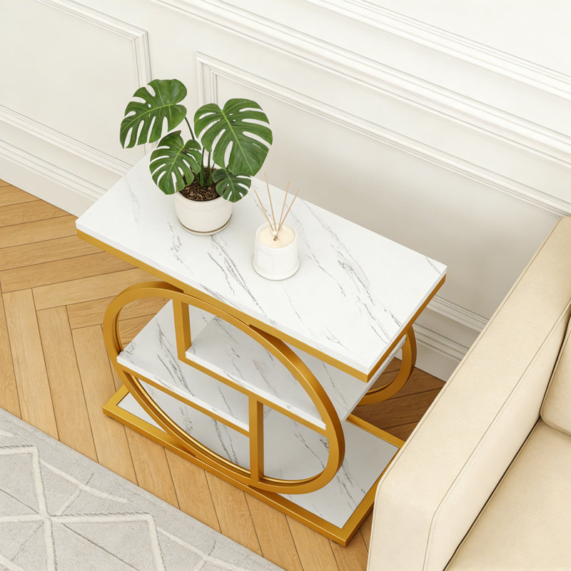 Table de bout en bois à 4 niveaux avec tablettes de rangement, Blanc et or
