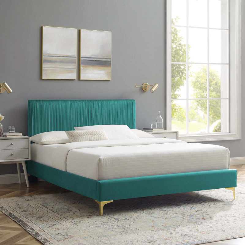 Lit plateforme en velours Peyton Performance, Blanc, Grand