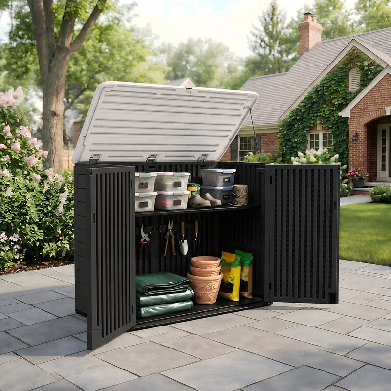48 Cu. Ft Horizontal Resin Storage Shed, Outdoor Storage Cabinet, Weatherproof, Easy to Assemble, Outdoor Storage Box for Backyards/Patios/Garden, No Shelf (Black)