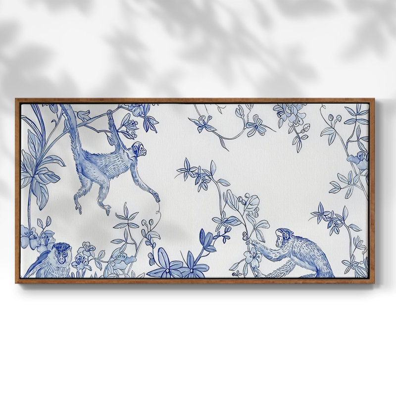 «Blue Monkey Land Toile II», toile tendue avec châssis, prête à accrocher, H 21 po x l 41 po, Noyer