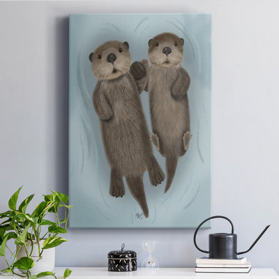 " Otters Holding Hands " Mixed Media Print