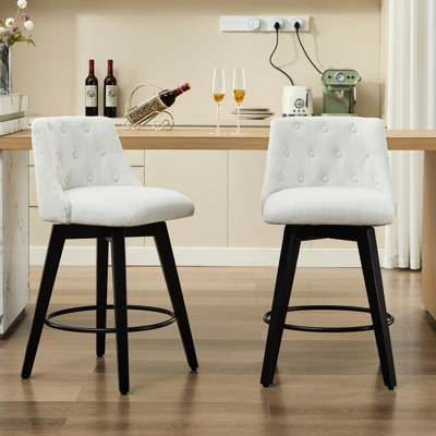 25" Swivel Bar Stools Of 2 - Modern Counter Height With Linen Upholstery, Button Back & Solid Wood Frame. Smooth 360° Rotation, Adjustable Feet For Stability On Any Surface. Ideal Kitchen Island,