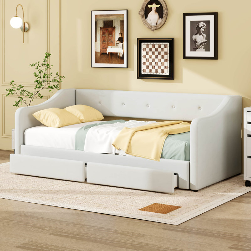 Twin Daybed With Two Storage Drawers, Modern Button Tufted Linen Day Bed With Trundle Bed Twin To King, Beige