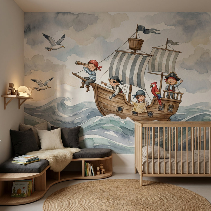 Papier peint fantaisiste pour enfants Pirate Adventure, Non tissé, 200 po x 120 po