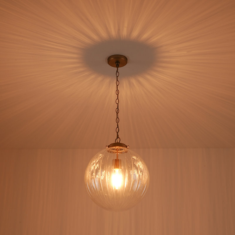 1-light Ribbed Glass Single Pendant, Gold