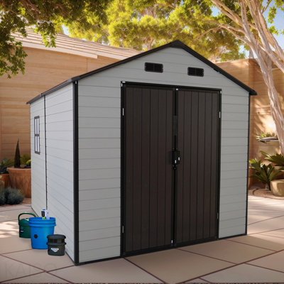 Outdoor Resin Storage Shed 8x8x7.6 ft with Windows, Strong Aluminum Frame & Floor for Garden and Backyard Organization - White+Brown