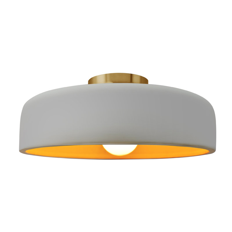 Plafonnier semi-encastré en céramique Dottie, Blanc mat / or champagne, Laiton brossé, H 6,5 po x l 16 po x P 16 po