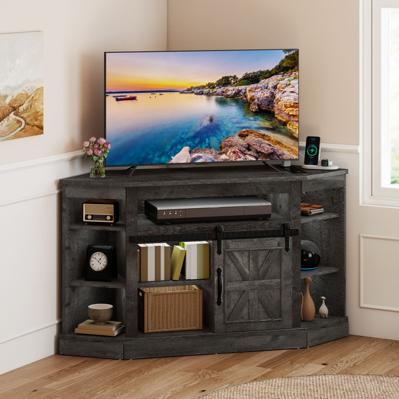 47.2" W Corner TV Stand With Power Outlet, Barned-Door Cabinet, Dark Gray