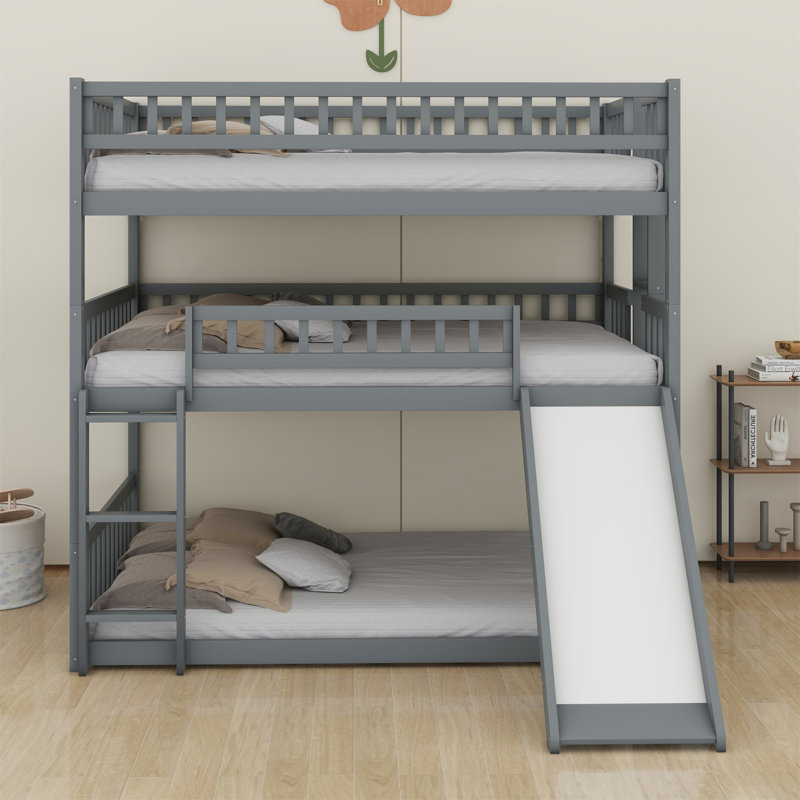 Triple Bed With Built-In Ladder,Slide And Guardrails, Gray