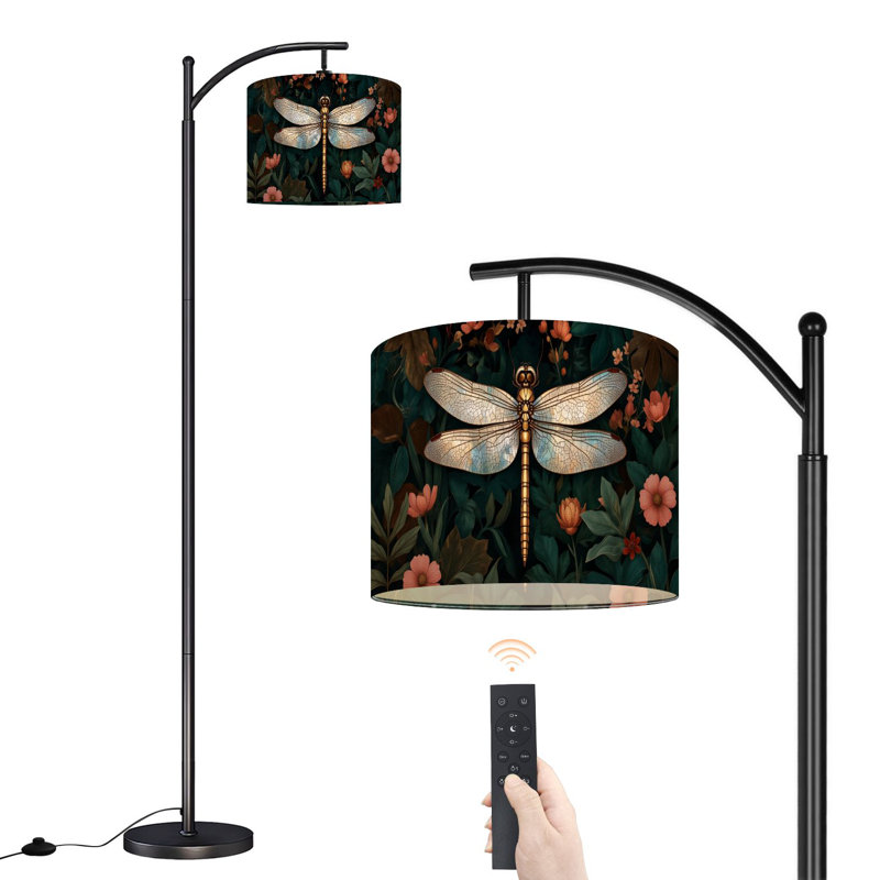 Lampe sur pied à arc avec abat-jour réglable Fleurs vertes foncées dessinés à la main Lampe sur pied en grès naturel à 3 températures de couleur avec gradateur pour interrupteur au pied
