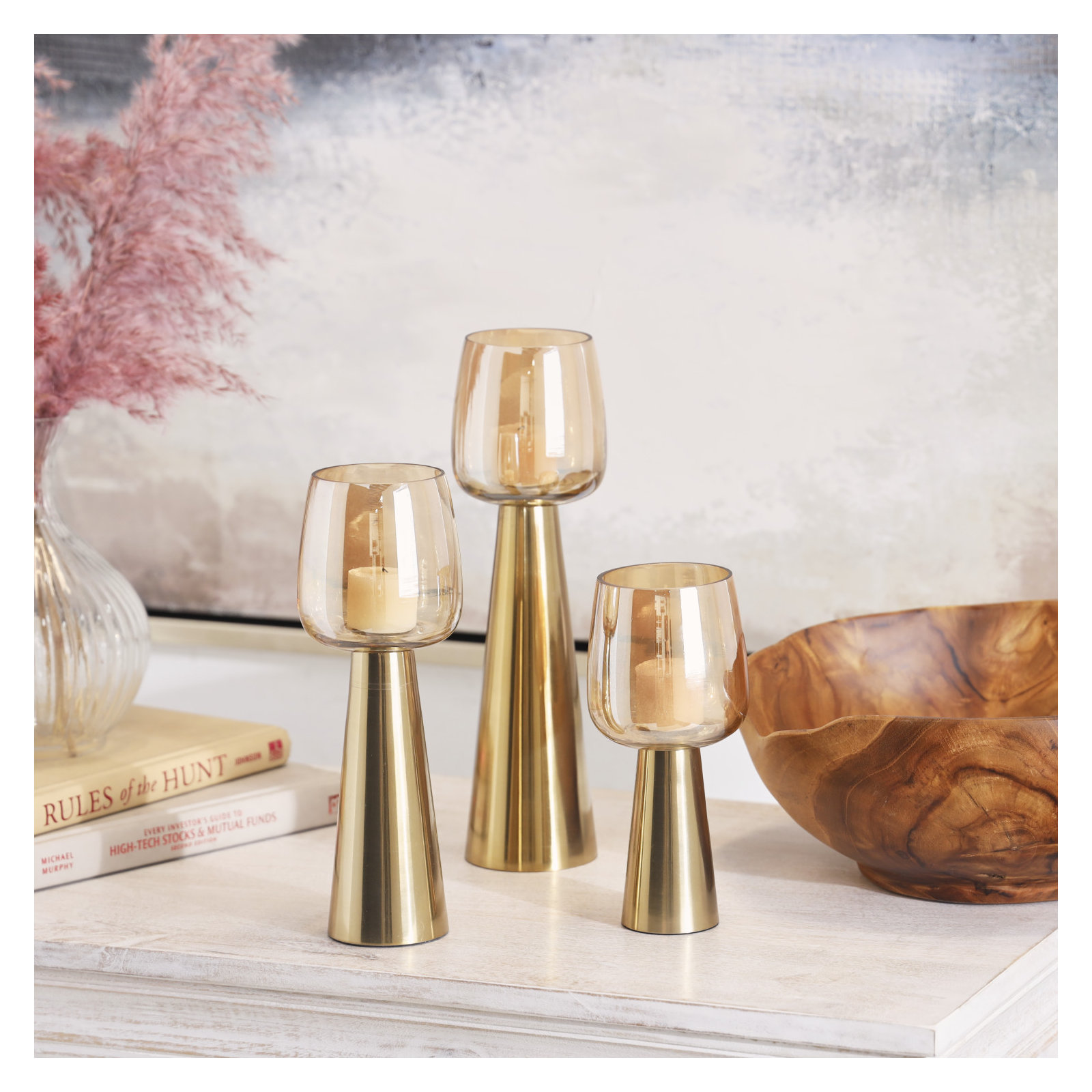 Merriweather 3 Piece Tabletop Candle Stand Set, Polished Gold