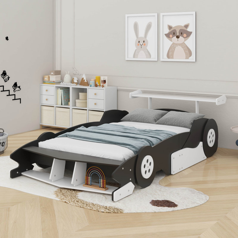 Lit plateforme avec roulettes et rangement Race, Lit double, Noir