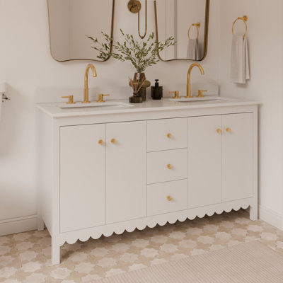 Meuble-lavabo à double cuve festonné 60 po - blanc - avec plateau - boutons dorés
