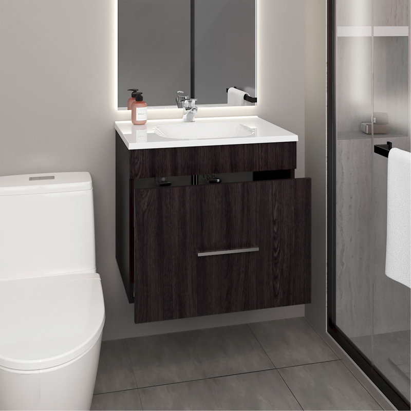 Meuble-lavabo à une porte, deux tiroirs et tablette ouverte, quincaillerie incluse, noir, Noir