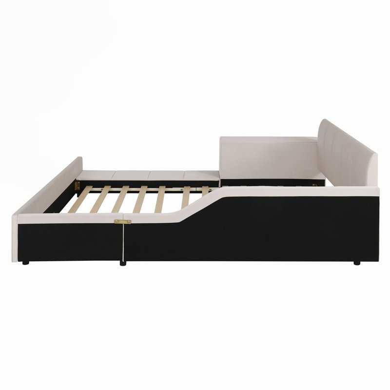 Grand lit tapissier en velours avec bureau de chevet et tabouret, idéal pour la mère et l'enfant, beige, Beige, Grand