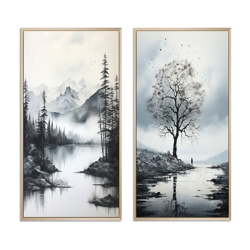 Arbre gris minimalisme solitude "Arbre gris minimalisme solitude" 2 pièces, H 32 po x l 32 po, Encadrement brun