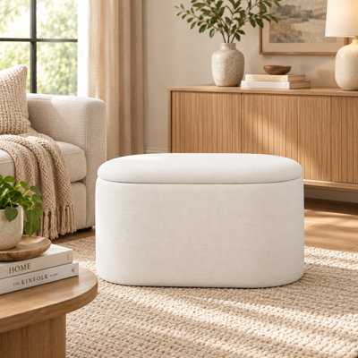 Upholstered 26" Oval Linen Storage Bench End Footrest Seating Ottoman