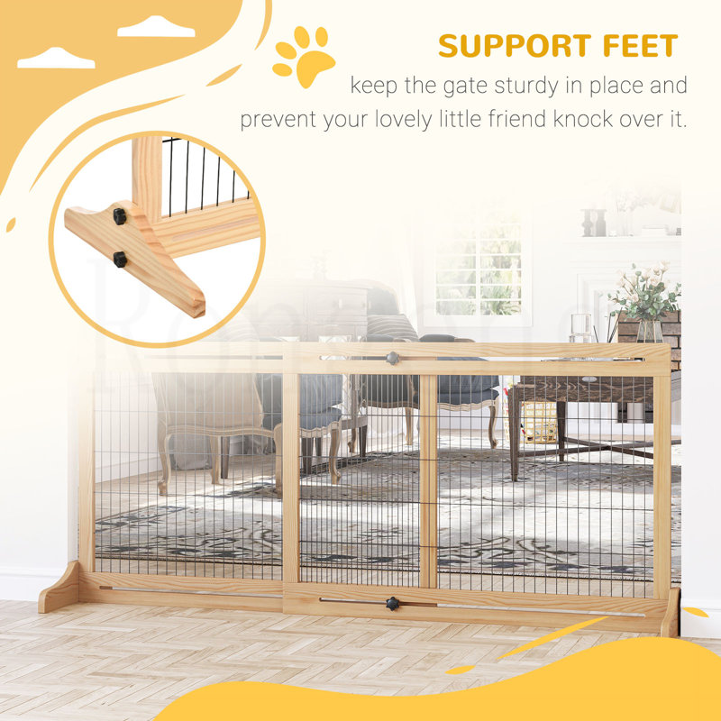 Natural Wooden Retractable Freestanding Pet Gate for Doorways