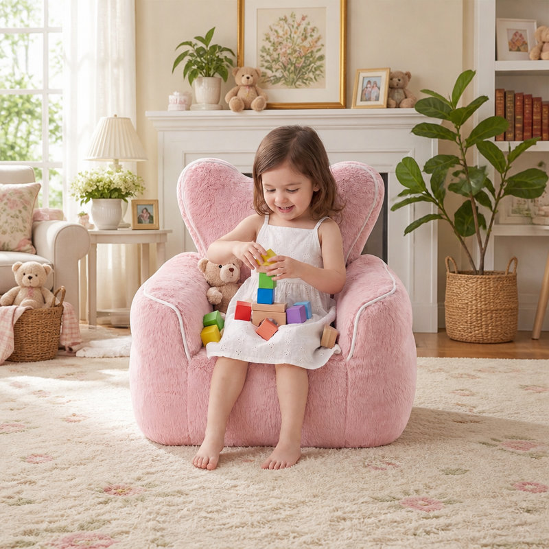 Fauteuil à billes en fausse fourrure pour enfants, fauteuil confortable en forme de cœur