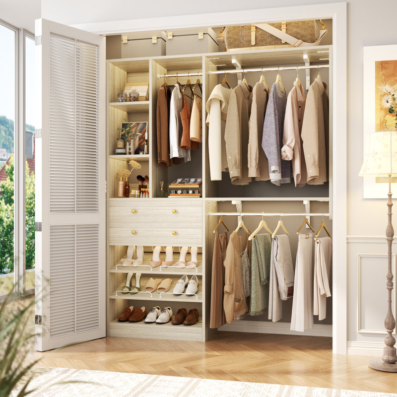Closet System With Wood Drawers Ans Shoe Storage, Washed Oak