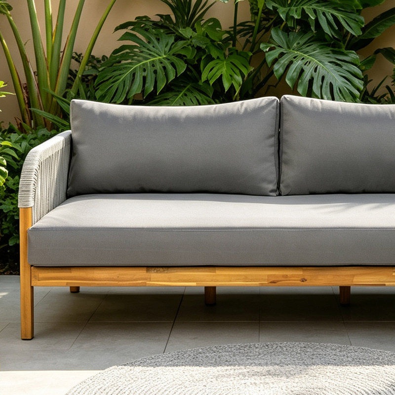 Causeuse d'extérieur moderne en corde de bois d'acacia à tissage de corde avec sièges profonds et coussins, Gris