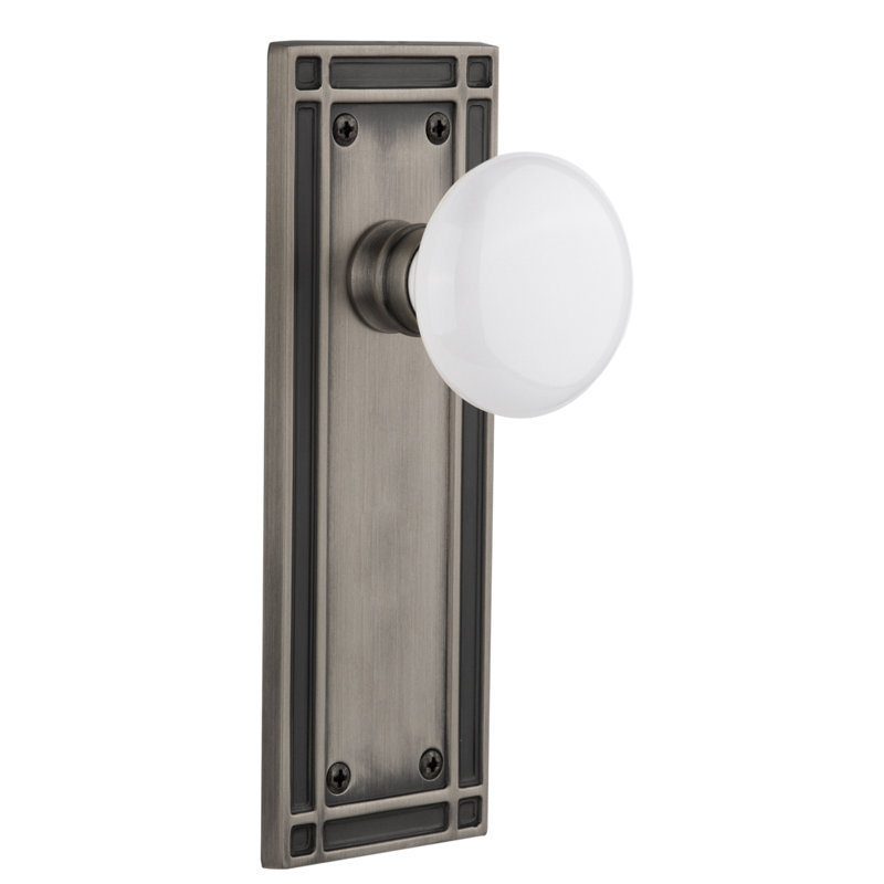Mission Plate with White Porcelain Door Knob, Antique Pewter, 2-3/4”