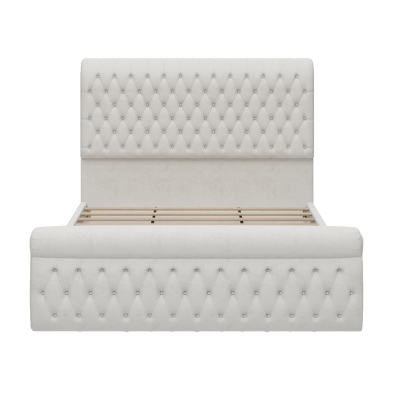Mieya King Size Velvet Upholstered Sleigh Bed Platform Bed Frame, Beige