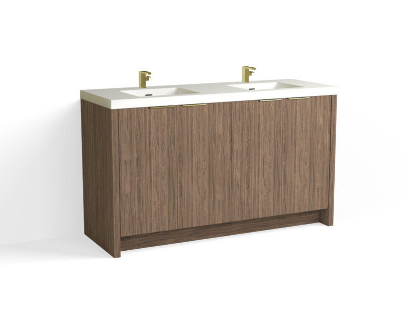 Mesa 60" W Freestanding Double Bathroom Vanity , White Matte, Nocino/Satin Brass, Single-Hole