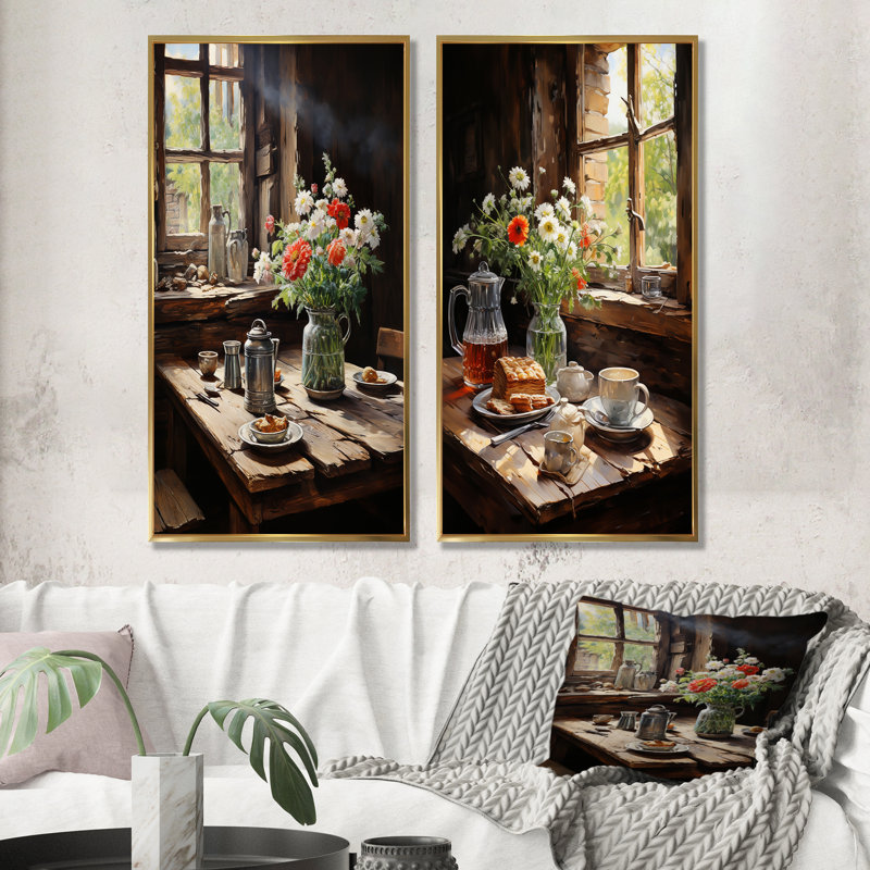 «Rustic Morning» - ensemble de 2 impressions sur toile déjeuner, Cadre flottant doré, H 28 po x l 25 po