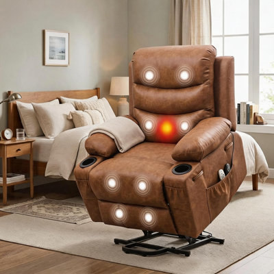 Power Lift Recliner Chair for Elderly, Oversized Wide Seat Stand Assist - Heat & Massage - USB Charging, Cup Holders - PU Classic Brown, 54" Seat Width