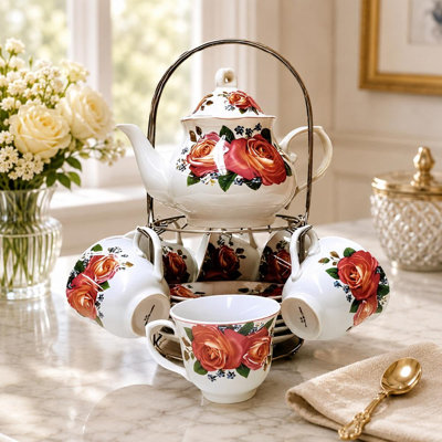 Service à thé classique en porcelaine rose avec théière, 6 tasses à thé et présentoir en métal