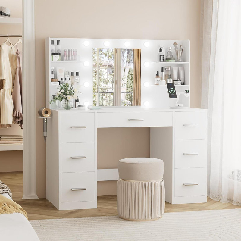 Bureau de coiffeuse avec miroir, prise de courant et 10 lumières, table de maquillage avec 7 tiroirs, 3 modes de couleurs disponibles pour la chambre à coucher