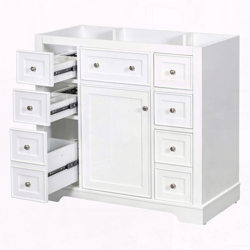 36" Freestanding Bathroom Vanity Cabinet Base with Six Drawers, Blanc