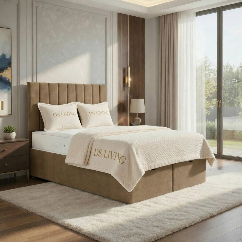 Upholstered Ottoman Bed, Beige, King
