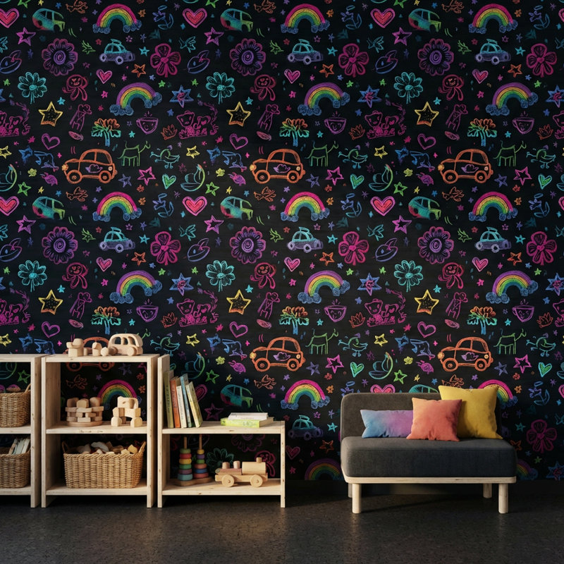 Papier peint tableau noir foncé Neon Doodles, Peler et coller