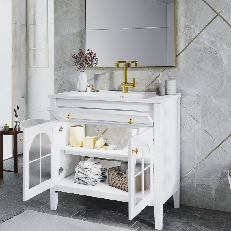 Meuble-lavabo autoportant avec tablette de rangement, Blanc