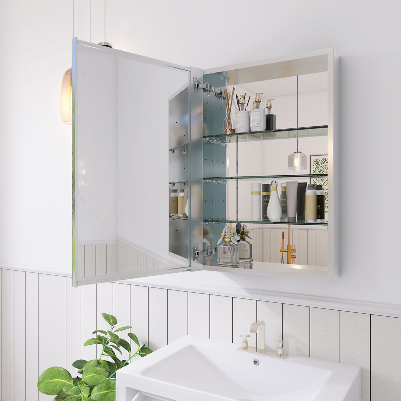 Rectangular Recessed Or Wall Mount Aluminum Frameless Medicine Cabinet Mirror With Adjustable Glass Shelves