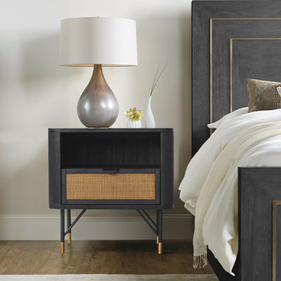 Black Acacia Nightstand With Rattan Detail