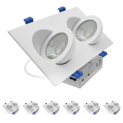 LUXRITE 4 In. Square 2-Head Floating Gimbal LED Recessed Light, Adjustable 360° Rotation & 90° Tilt, 5CCT, CRI90, 20W, 1800LM Dimmable IC Rated 6 Pack