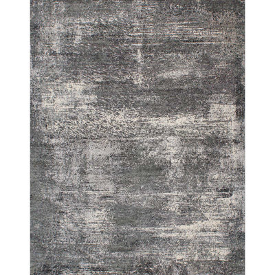 Hand-Knotted Wool/Silk Area Rug in Black/Light Gray