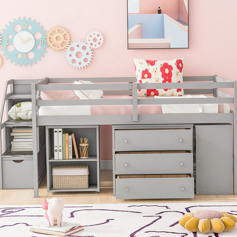 Lit mezzanine avec bureau d'écriture rétractable et tiroirs, Gris